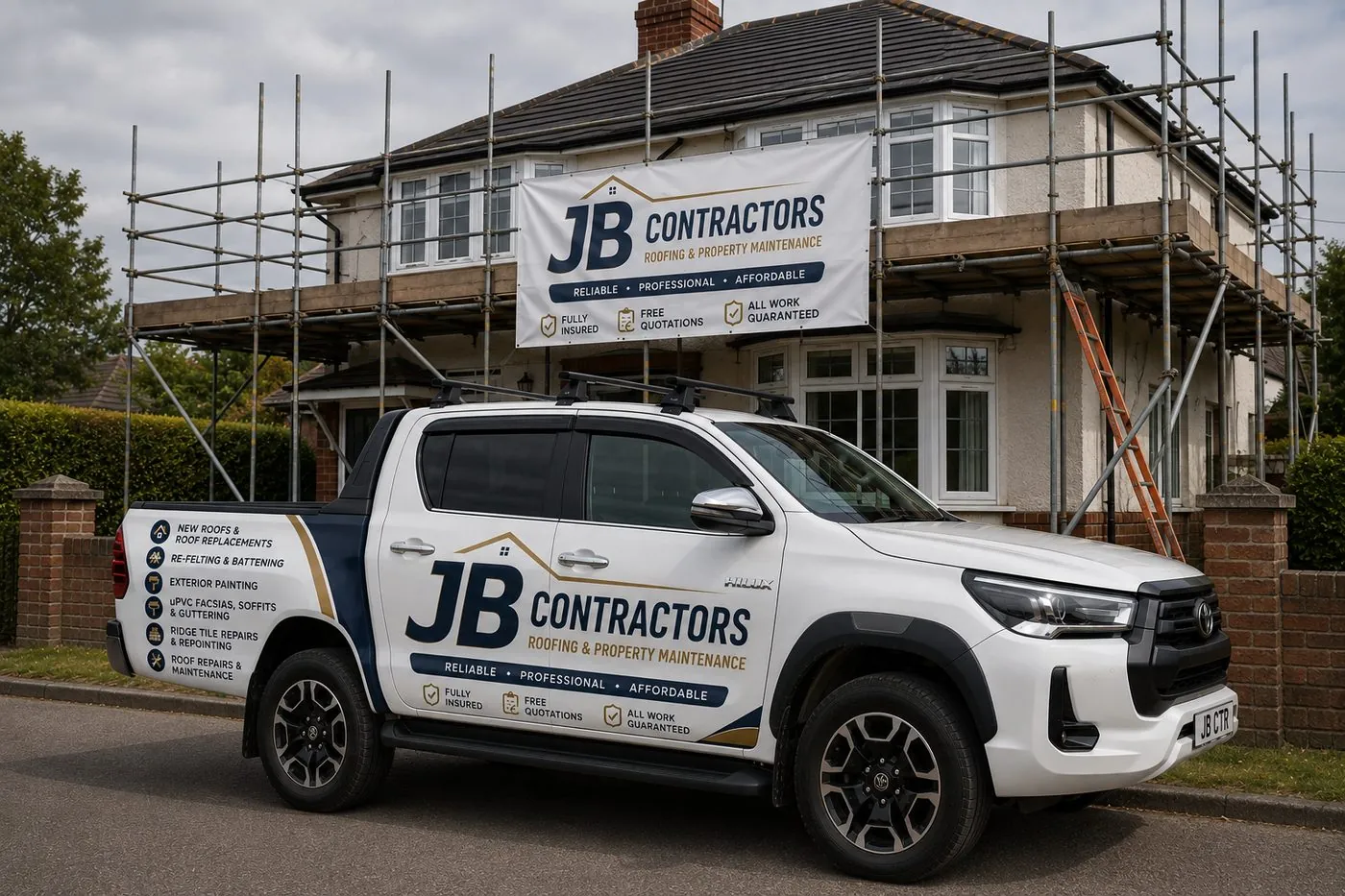 Marazion Roofing pickup truck on site at a scaffolded roofing job in Marazion