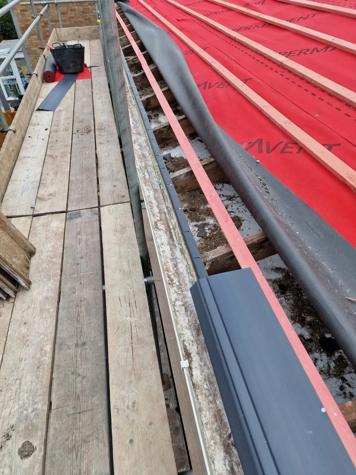 Breathable membrane and battens fitted during a re-roof in Marazion